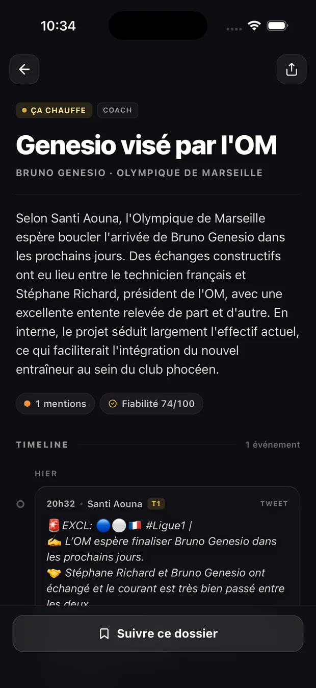 Détail d'une rumeur mercato avec score de fiabilité